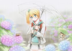  blonde_hair blue_eyes commentary_request deretta edna_(respected_senior)_(tales) edna_(tales) female flower hydrangea leaf_umbrella normin_(tales) official_alternate_costume phoenix_(tales) rain school_uniform side_ponytail snail tales_of_(series) tales_of_zestiria transparent transparent_umbrella umbrella 