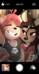  absurd_res ailurid aniko anthro black_nose blush breasts brown_hair closed_eyes clothed clothing duo female ginny_clover gothbunnyboy hair hi_res hyena ketzio mammal red_eyes red_hair red_panda selfie spotted_hyena story story_at_source trans_(lore) trans_woman_(lore) young young_anthro young_female 