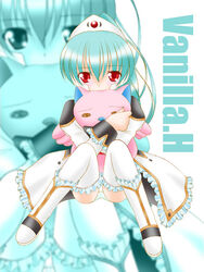  broccoli_(company) character_name female galaxy_angel green_hair looking_at_viewer normad panties pantyshot red_eyes solo thighhighs underwear vanilla vanilla_h zoom_layer 