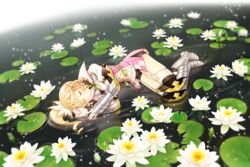  alisha_diphda armor armored_boots boots brown_hair commentary_request deretta female flower gauntlets gloves grey_footwear knee_boots lily_pad lying on_side pond side_ponytail sleeping solo tales_of_(series) tales_of_zestiria water 