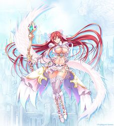  :d angel_wings ass_visible_through_thighs blue_background boots bow breasts bridge building commentary_request company_name defensive_wall detached_sleeves feathered_wings female frilled_legwear frilled_shirt_collar frilled_skirt frilled_sleeves frills gem gloves hairbow half_gloves hand_on_own_chest huge_breasts knee_boots looking_at_viewer miniskirt official_art open_clothes open_mouth open_shirt ornate_clothes ornate_weapon outdoors phantom_of_the_kill ponytail red_eyes red_hair ribbon road ruins shekinah_(phantom_of_the_kill) shirt side_slit skirt smile solo underboob wings 