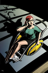  adjusting_hair barbara_gordon bat batgirl batman_(series) bracelet breasts dc_comics dual_persona female glasses green_eyes jewelry kit lipstick looking_up makeup moonlight night oracle orange_hair phone ponytail red_hair signature silhouette sitting skirt solo wheelchair 