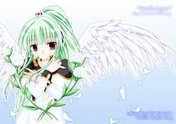  artist_name bangs character_name copyright_name female flower galaxy_angel green_hair high_ponytail long_hair looking_at_viewer ponytail red_eyes solo vanilla vanilla_h web_address wings yufuji_saeka 