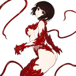  ass black_hair breasts chan_co commentary_request female gauna gauna_491 jpeg_artifacts large_breasts looking_at_viewer monster_girl placenta_(sidonia_no_kishi) red_eyes short_hair sideboob sidonia_no_kishi simple_background solo tentacle white_background 