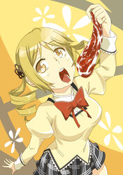  blonde_hair breasts commentary_request drill_hair female food hair_ornament highres large_breasts mahou_shoujo_madoka_magica mahou_shoujo_madoka_magica_(anime) meat mitakihara_school_uniform nonone_(the9thxsheep) open_mouth plaid plaid_skirt pleated_skirt saliva school_uniform shirt skirt solo taut_clothes taut_shirt tomoe_mami tongue yellow_eyes 