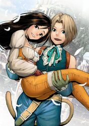  1boy absurdres black_eyes black_hair blue_eyes bodysuit brown_hair carrying commentary_request feathers female final_fantasy final_fantasy_ix garnet_til_alexandros_xvii gloves grin highres kalua long_hair monkey_tail orange_bodysuit pants photoshop_(medium) princess_carry smile tail zidane_tribal 