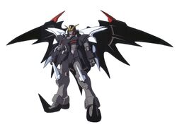  90s absurdres gundam gundam_deathscythe_hell gundam_deathscythe_hell_custom gundam_wing gundam_wing_endless_waltz highres mecha no_humans scythe solo weapon white_background wings 