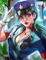  banned_artist breasts brown_eyes cleavage gloves green_hair hat highres jewelry junsaa_(pokemon) large_breasts lipstick long_hair makeup pendant pokemon pokemon_(anime) police police_hat police_uniform policewoman ponytail red_lipstick sakimichan solo uniform upper_body 