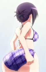  ass back bikini breasts female female from_behind gochuumon_wa_usagi_desu_ka? gochuumon_wa_usagi_desuka? hair_ornament huge_ass medium_breasts plaid plaid_bikini plaid_swimsuit purple_hair solo swimsuit tedeza_rize thighs tsuti 