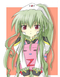  broccoli_(company) female galaxy_angel green_hair long_hair looking_at_viewer normad red_eyes simple_background solo vanilla vanilla_h 