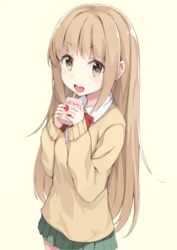  brown_eyes brown_hair female long_hair mafu9 miyano_(tanakeda) open_mouth school_uniform solo source_request strawberry_milk tanaka-kun_wa_itsumo_kedaruge 