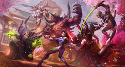  2girls 4boys absurdres alarak ass assault_visor bad_id blizzard_entertainment blue_bodysuit bodysuit breasts brown_hair cassia cherry_blossoms cloud colored_skin cyborg d.va_(overwatch) demon diablo diablo_(character) diablo_(series) diablo_1 dmitry_prozorov dutch_angle facial_mark genji_(overwatch) gloves glowing glowing_eyes green_eyes green_skin green_visor gul&#039;dan gun handgun heroes_of_the_storm highres horns katana long_hair multiple_boys multiple_girls official_art open_mouth orc overwatch overwatch_1 parted_lips photoshop_(medium) protoss red_eyes red_skin ribbed_bodysuit sky small_breasts starcraft stone_lantern sword warcraft weapon whisker_markings white_gloves 