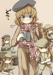  :&lt; alice_margatroid bad_company_(stand) beret binoculars blonde_hair blue_eyes caterpillar_tracks commentary_request doyagao female gaoo_(frpjx283) gun hairband hat helmet highres jewelry jojo_no_kimyou_na_bouken long_hair military military_uniform military_vehicle motor_vehicle piat puppet_rings puppet_strings ribbon ring shanghai_doll short_hair smile smug sten_gun tank touhou uniform weapon 