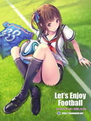  ass ball banned_artist bracelet brazuca brown_eyes brown_hair buruma grass japanese_flag jewelry long_hair mana_kakkowarai midriff neckerchief one_side_up original school_uniform serafuku short_sleeves sitting soccer soccer_ball soccer_field soccer_uniform solo sportswear very_long_hair 