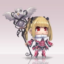  :&lt; bad_id bad_pixiv_id bird blonde_hair blush_stickers castlevania_(series) castlevania_judgment chibi closed_mouth detached_sleeves eyelashes female hair_ornament lowres maria_renard owl red_eyes reflection shadow spread_wings staff standing stupa13a thighhighs twintails v-shaped_eyebrows 