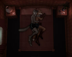  3d_(artwork) 5:4 anthro bed briefs canid canine canis closed_eyes clothing cuddling dan_scarlet digital_media_(artwork) duo fox fur furniture grey_body grey_fur happy hi_res hotel hug intimate love male male/male mammal orange_body orange_fur red_body red_fur sleeping speedo spooning swimwear underwear wolf 