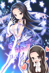  alternate_costume bare_shoulders black_hair black_legwear boots breasts chibi cleavage dress_shirt elbow_gloves female forehead glasses gloves grey_eyes grin half_updo hands_on_own_cheeks hands_on_own_face heart ieban knee_boots layna_scentriver long_hair lowres medium_breasts night open_mouth outstretched_hand photoshop_(medium) shirt skirt smile star_(symbol) sword_girls thighhighs very_long_hair 