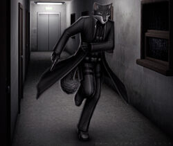  3d_(artwork) action_pose anthro boots bottomwear brown_eyes bulletproof_vest canid canine canis clothed clothing dan_scarlet digital_media_(artwork) footwear fully_clothed fur grey_body grey_fur gun handgun inside jacket male mammal pants pistol pose raining ranged_weapon running solo text topwear weapon white_body white_fur wolf 