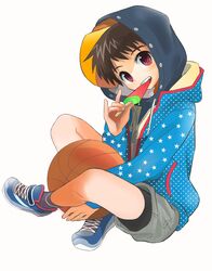  1boy ball basketball basketball_(object) black_hair commentary_request eating food full_body hat hood hood_down hoodie jacket male_focus original popsicle red_eyes sakaki_tsui shoes shorts solo watermelon_bar 