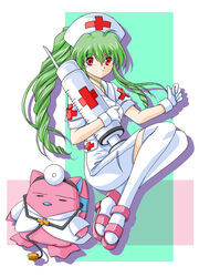  broccoli_(company) female galaxy_angel gloves green_hair labcoat looking_at_viewer normad nurse red_eyes simple_background solo stethoscope syringe thighhighs vanilla vanilla_h white_background white_legwear zettai_ryouiki 