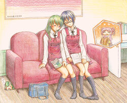  3girls artist_name bag black_legwear blue_hair closed_eyes colored_pencil_(medium) commentary_request couch covering_with_blanket dated green_hair hidamari_sketch hiro_(hidamari_sketch) multiple_girls natsume_(hidamari_sketch) pink_hair roku_no_ji sae_(hidamari_sketch) school_bag school_uniform short_hair sitting sleeping socks traditional_media ume-sensei wide_face 