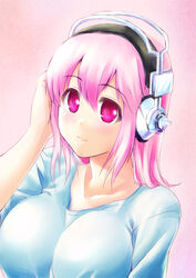  blush breasts collarbone commentary_request female headphones large_breasts long_hair looking_at_viewer makishima_rin nitroplus photoshop_(medium) pink_eyes pink_hair smile solo super_sonico 