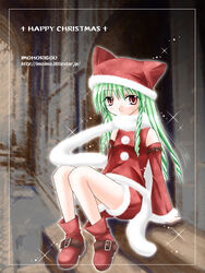  artist_name bangs boots christmas detached_sleeves female fur_trim galaxy_angel green_hair light_smile long_hair red_eyes santa_costume scarf sitting smile solo vanilla vanilla_h web_address yufuji_saeka 