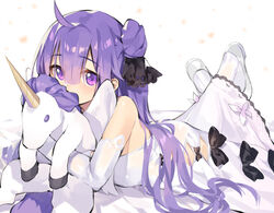  aemochi azur_lane bad_id bad_pixiv_id bed_sheet black_bow black_ribbon bow commentary covered_mouth detached_sleeves dress female hair_between_eyes hair_bun hair_ribbon hugging_object long_hair looking_at_viewer lying on_bed on_stomach pantyhose purple_eyes purple_hair ribbon shoes single_hair_bun single_side_bun sleeveless sleeveless_dress solo stuffed_animal stuffed_toy stuffed_winged_unicorn unicorn_(azur_lane) very_long_hair white_background white_dress white_footwear white_pantyhose white_sleeves 