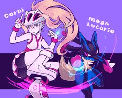  bike_shorts blonde_hair female gym_leader high_ponytail koruni_(pokemon) long_hair lucario pokemon skirt two_side_up 