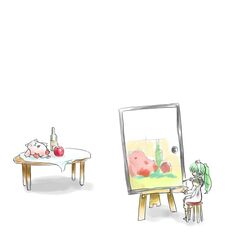  apple bottle broccoli_(company) easel female galaxy_angel green_hair normad red_eyes simple_background solo stool table vanilla vanilla_h white_background 