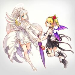  2girls alternate_costume angel angel_and_devil angel_wings black_choker black_dress blonde_hair blue_eyes boots choker commentary_request demon_wings deretta dress edna_(tales) halo highres lailah_(tales) leg_ribbon long_hair multiple_girls normin_(tales) phoenix_(tales) ribbon short_hair side_ponytail smile tales_of_(series) tales_of_zestiria very_long_hair white_dress wings 