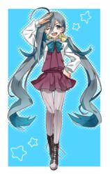  ahoge commentary_request female grey_eyes grey_hair kantai_collection kiyoshimo_(kancolle) komiya_harumoto long_hair one_eye_closed open_mouth pantyhose salute school_uniform skirt smile solo twintails very_long_hair 