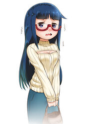  bag blaccura blue_eyes blue_hair blunt_bangs denim denim_skirt denki-gai_no_hon&#039;ya-san female glasses handbag jimiko long_hair looking_at_viewer meme_attire open-chest_sweater red-framed_eyewear ribbed_sweater semi-rimless_eyewear sensei_(denki-gai) simple_background skirt solo sweater trembling under-rim_eyewear wavy_mouth white_background 