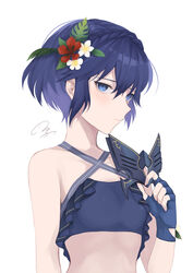  absurdres akina_(akn_646) blue_eyes blue_gloves blue_hair closed_mouth criss-cross_halter female fingerless_gloves fire_emblem fire_emblem_awakening fire_emblem_heroes flower gloves hair_flower hair_ornament halterneck highres holding holding_mask lucina_(fire_emblem) marth_(fire_emblem_awakening) mask see-through short_hair simple_background solo swimsuit upper_body white_background 