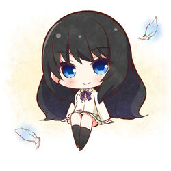  arm_support black_hair black_socks blue_eyes blush bow brown_footwear brown_jacket brown_skirt chibi closed_mouth collared_shirt commentary_request female jacket kara_no_shoujo kuchiki_touko long_hair long_sleeves looking_at_viewer momoniku_(taretare-13) pleated_skirt purple_bow school_uniform shirt skirt smile socks solo very_long_hair white_shirt 