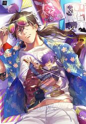  1boy aviator_sunglasses bad_id bad_twitter_id blue_eyes brown_hair character_print closed_mouth fate/grand_order fate_(series) fudanshi hawaiian_shirt highres implied_yaoi koha-ace long_hair looking_at_viewer lying male_focus manga_(object) okada_izou_(fate) on_back on_bed sakamoto_ryouma_(fate) shirt shorts solo sunglasses t-shirt white_shorts wristband ymann123 