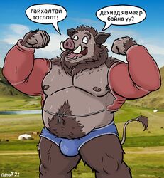  absurd_res anthro bodily_fluids bulge flexing flexing_bicep flexing_both_biceps hi_res khenbish_(minotaur_hotel) looking_at_viewer male mammal minotaur_hotel mongolian_clothing mongolian_text musclegut muscular muscular_male nanoff smile solo suid suina sus_(pig) sweat text translated wild_boar wrestling_clothing 