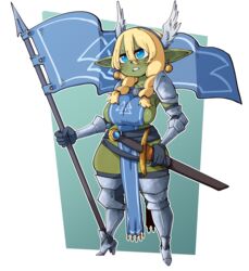  2022 absurd_res blonde_hair breasts clothing female flag flag_(object) front_view goblin green_body green_skin hair hi_res holding_flag holding_object humanoid legwear melee_weapon nuclearwasabi short_stack side_boob solo sword thick_thighs thigh_highs weapon wide_hips 