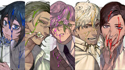  5boys bad_id bad_pixiv_id bags_under_eyes cardigan club_suicide covering_own_mouth flower flower_over_eye flower_over_mouth freckles highres kugajima_mitsuki kururugi_shiki liquid looking_at_viewer looking_back lower_teeth_only mabuchi_meiyou male_focus multiple_boys official_art parted_lips popped_collar school_uniform sokuse_kienta teeth usui_masaya zaizen_eba 