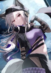  animal_ear_fluff animal_ears arknights beanie black_gloves black_hat black_jacket black_skirt breasts closed_mouth commentary crop_top cropped_jacket ears_through_headwear female fingerless_gloves frostleaf_(arknights) frostleaf_(breaking_the_ice)_(arknights) gloves grey_hair hand_up hat headphones highres jacket long_hair looking_at_viewer medium_breasts midriff navel open_clothes open_jacket purple_shirt red_eyes saiko_(saisaka) shirt short_sleeves skirt smile solo tail very_long_hair 