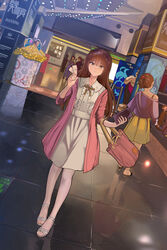  2boys 3girls bag black_footwear blush brown_eyes brown_hair center_frills chinese_commentary chinese_text commentary_request crossed_arms dress dutch_angle frills green_skirt hairband hallway hand_up high_heels highres holding holding_phone indoors jacket lolicon long_hair multiple_boys multiple_girls off_shoulder original pants pantyhose partial_commentary people phone pink_bag pink_jacket pink_ribbon ribbon see-through see-through_legwear shirt shoes shorts single_bare_shoulder skirt smile supermarket ticket tile_floor tiles translated white_dress white_legwear yewang19 yu_xuan_(yewang19) 