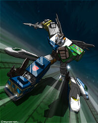  2002 autobot bad_id bad_twitter_id blue_eyes clenched_hand dated dutch_angle gun holding holding_gun holding_weapon lights makoto_ono mecha motion_lines no_humans raiden_(transformers) railroad_tracks robot science_fiction shinkansen signature solo transformers transformers:_the_headmasters v-fin weapon 