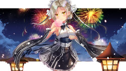  absurdres aerial_fireworks azur_lane bare_shoulders black_skirt black_sleeves blurry blurry_background blurry_foreground breasts cloud cloudy_sky collared_shirt commentary cotton_candy cross depth_of_field detached_sleeves dress_shirt female fireworks food frilled_skirt frills highres holding holding_food holmemee long_sleeves night night_sky official_alternate_costume sheffield_(a_moment&#039;s_respite)_(azur_lane) sheffield_(azur_lane) shirt skirt sky sleeveless sleeveless_shirt small_breasts solo white_shirt 