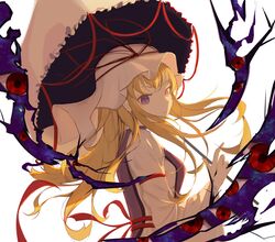  absurdres blonde_hair eyebrows_hidden_by_hair female gap_(touhou) gu0st hat highres long_hair looking_at_viewer looking_back parasol pointing purple_eyes solo touhou umbrella white_background white_hat yakumo_yukari 