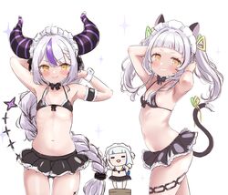  3girls =_= absurdres adapted_costume animal_ears arm_garter armpits arms_behind_head bikini black_bikini black_skirt blunt_bangs blush braid braided_bangs breasts cat_ears cat_tail cocozasa collar commentary_request cowboy_shot flat_chest frilled_collar frills gawr_gura grin hands_up highres hololive hololive_english horns la+_darknesss long_hair looking_at_viewer maid maid_bikini maid_headdress miniskirt multicolored_hair multiple_girls murasaki_shion murasaki_shion_(gothic_lolita) navel purple_hair ribbon ribs shark_girl single_braid skindentation skirt small_breasts smile smol_gura standing_on_box streaked_hair sweatdrop swimsuit tail tail_ornament tail_ribbon twintails unconventional_maid virtual_youtuber white_background wrist_cuffs yellow_eyes 