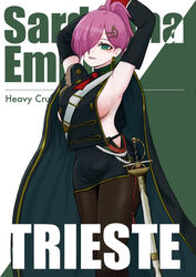  absurdres armpits arms_up azur_lane black_jacket black_skirt breasts character_name commentary_request cowboy_shot earrings echo_(lowlow808) epaulettes female green_eyes hair_over_one_eye highres jacket jewelry large_breasts long_hair looking_at_viewer military military_uniform miniskirt pencil_skirt pink_hair ponytail presenting_armpit sideboob skirt solo sword trieste_(azur_lane) uniform weapon 