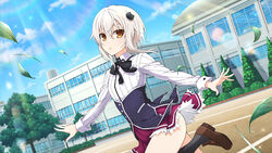  air_conditioner black_capelet black_corset black_ribbon black_socks blush breasts building bush capelet cat_hair_ornament collared_shirt corset day falling_leaves female hair_ornament high_school_dxd high_school_dxd_hero highres kneehighs kuoh_academy_school_uniform leaf loafers long_sleeves looking_at_viewer miniskirt neck_ribbon official_art outdoors pleated_skirt red_skirt ribbon school school_uniform school_yard senran_kagura senran_kagura_new_link shirt shoes short_hair skirt small_breasts socks solo toujou_koneko tree underbust water_tank water_tower white_hair white_shirt window yaegashi_nan yellow_eyes 