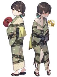  alternate_costume blue_ribbon brown_eyes brown_hair commentary_request female folded_ponytail hair_ribbon hand_fan highres japanese_clothes kantai_collection kasuga_maru_(kancolle) kimono long_hair paper_fan ribbon sandals simple_background solo standing striped_clothes striped_kimono swept_bangs taiyou_(kancolle) taiyou_kai_ni_(kancolle) torn_clothes uchiwa white_background yamashichi_(mtseven) yukata 