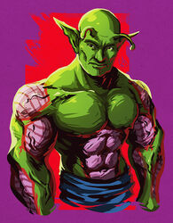  1boy abs absurdres alien antennae bad_id bad_pixiv_id bald black_eyes closed_mouth colored_skin cropped_arms crossover dragon_ball dragon_ball_z english_commentary finbeard fusion green_skin highres jean-luc_picard looking_to_the_side male_focus mixed-language_commentary muscular muscular_male name_connection namekian pectorals piccolo pointy_ears pun solo star_trek star_trek:_the_next_generation 