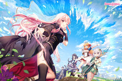  clouds dress gray_hair hololive karyl long_hair male mori_calliope natsume_kokoro pecorine pink_hair princess_connect! rosuuri sky staff tagme_(character) 